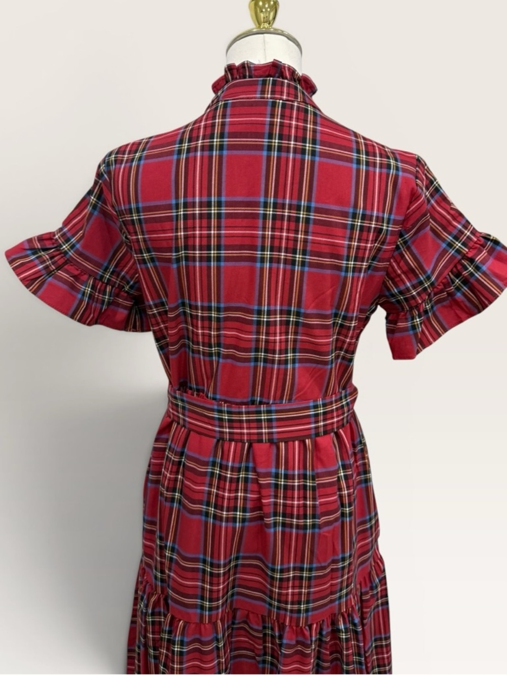 J. MARIE XS HOLLIN BELTED SHORT SLEEVE MIDI DRESS RED TARTAN PLAID NWT $180 - Picture 8 of 15